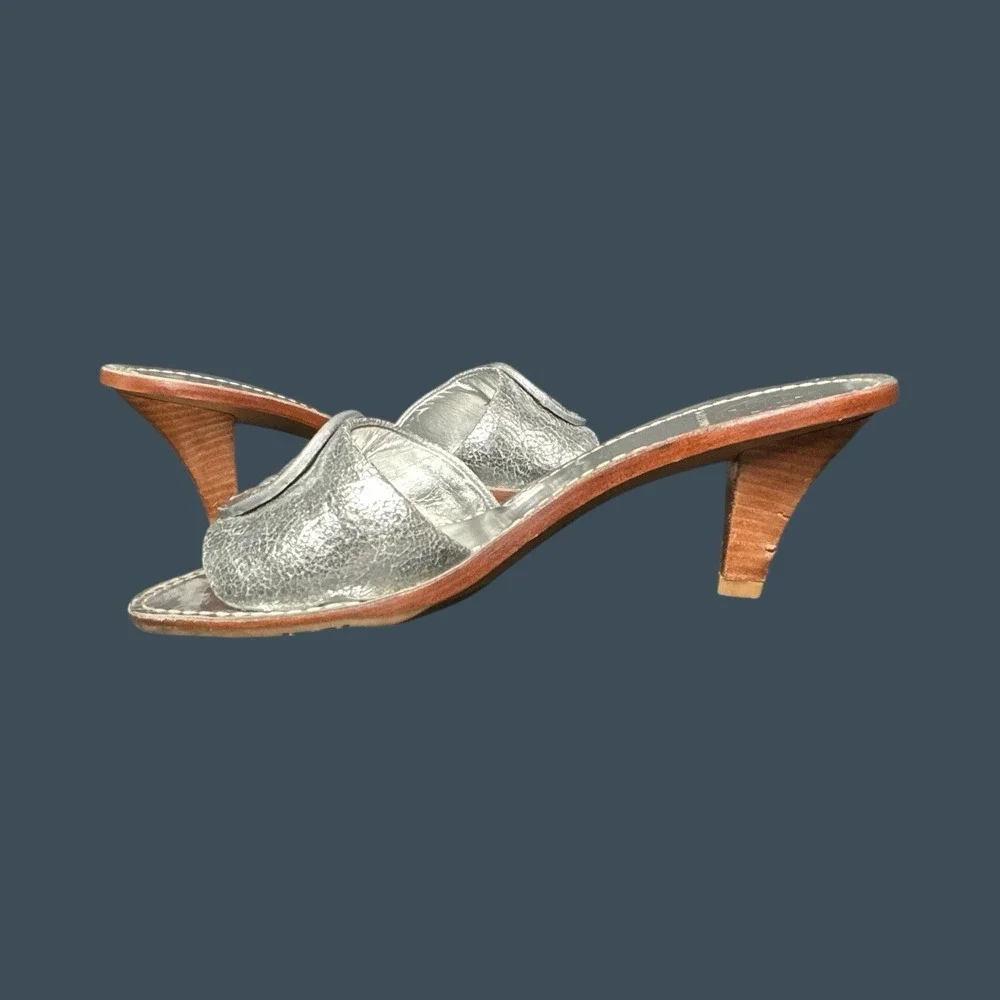 Tory Burch Miller Sandals Womens 6.5M Metallic Silver Open Toe Wooden KittenHeel